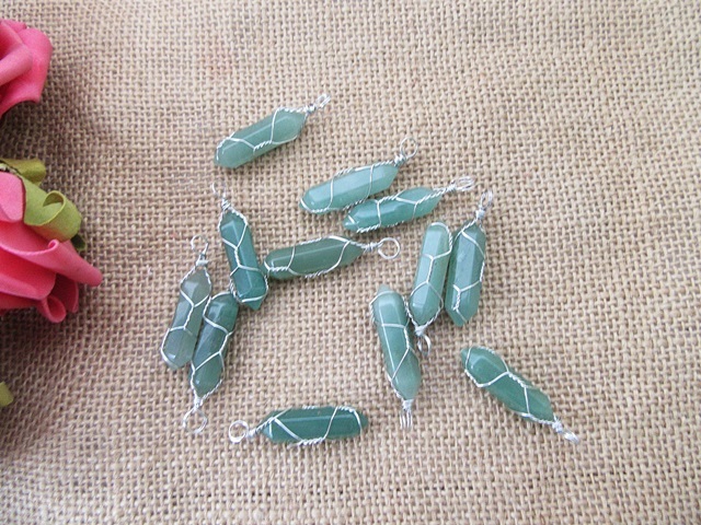 (image for) 10 Silver Wire Wrapped Green Aventurine Pendant Hexagon Prism