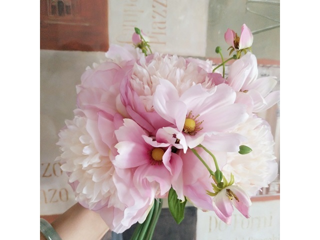 1Bunch x 8Pcs Pink Artificial Silk Flower Peony Bridal Wedding B