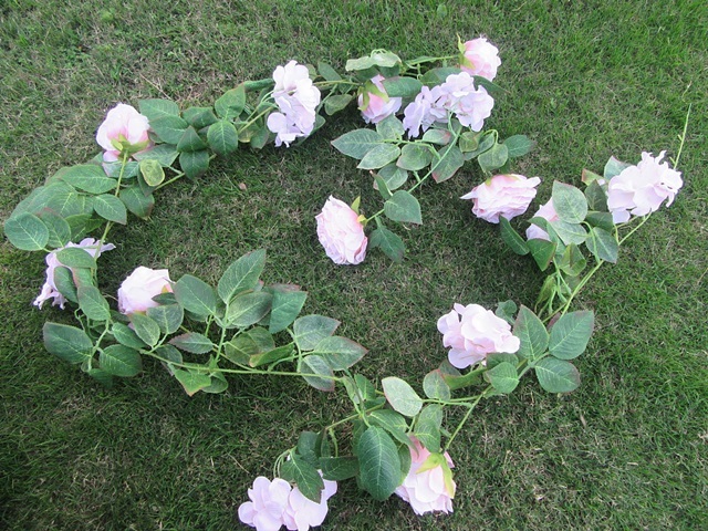 2Pcs Pink 14 Flower Head Artificial Rose Leaf Garland Vine Strin - Click Image to Close