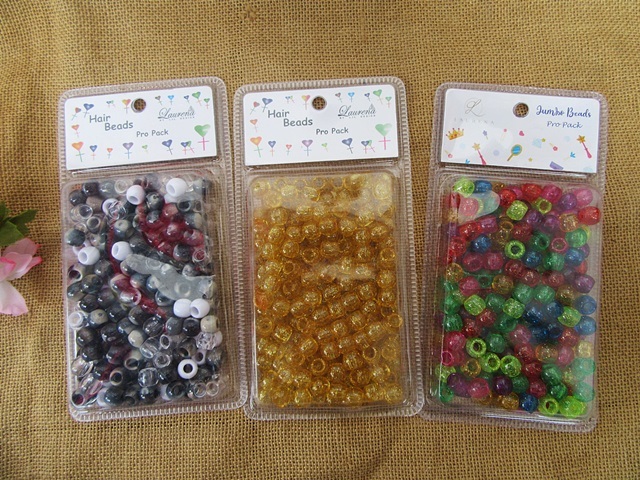 6Sheet x 180Pcs Pony Beads Hair Beads 12mm Dia Retail Pack Mixed