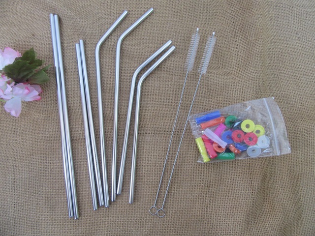 4Sets x 8Pcs Premium Stainless Steel Silver Straw & Brush Set - Click Image to Close