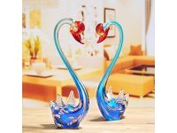 1Pr x 2Pcs Blue Handmade Art Glass Swan Figurine Ornament 30cm