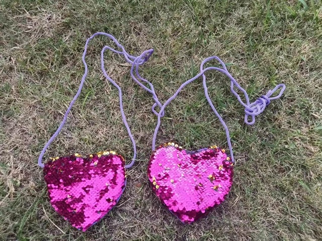 10Pcs Pink Sequin Heart Coin Purse Wallet with String