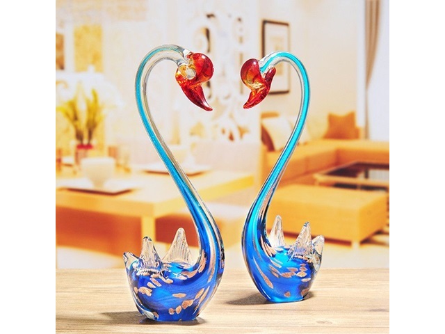 1Pr x 2Pcs Blue Handmade Art Glass Swan Figurine Ornament 30cm
