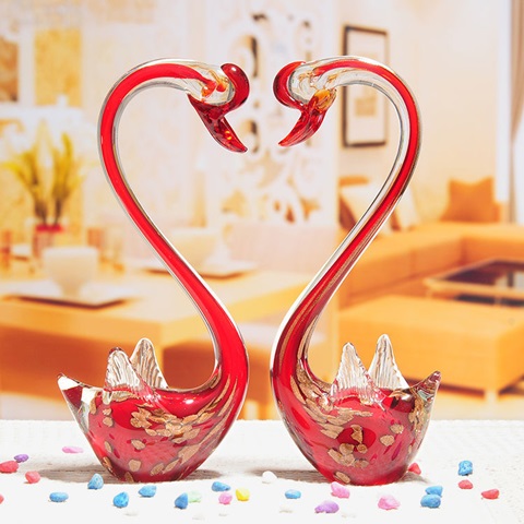 1Pr x 2Pcs Red Handmade Art Glass Swan Figurine Ornament 30cm Hi - Click Image to Close