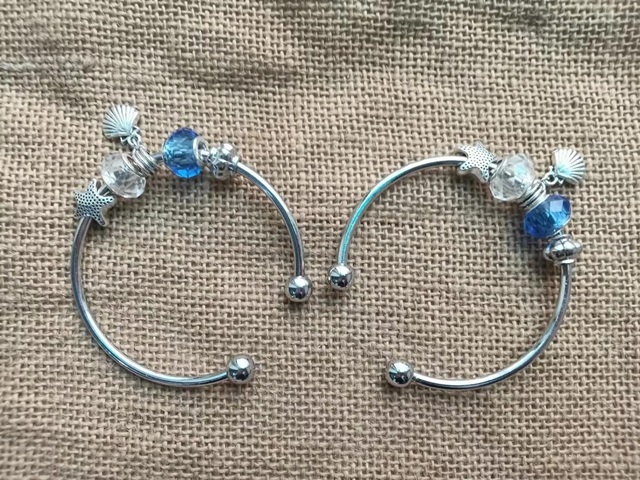 6Pcs Silver Bangles Cuff Bracelet with Blue Charm - Click Image to Close