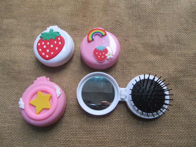 4Pcs Cute Folding Air Bag Comb w/Mirror Pocket Hair Brush Head
