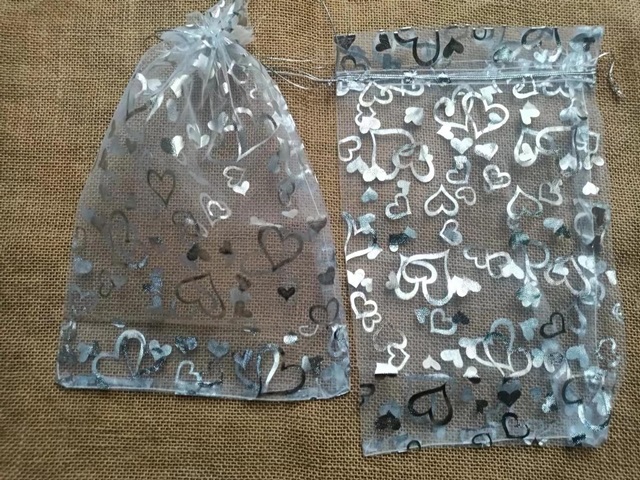 3x20Pcs Silver Heart Drawstring Jewelry Gift Pouches 19x30cm
