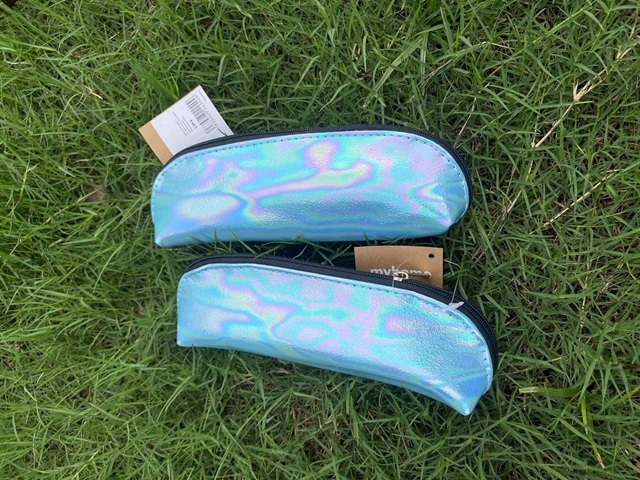 2Pcs Iridescent Blue Pencil Case Glossy Organizer for School
