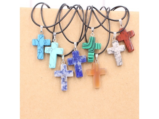 7Pcs Charming Cross Gemstone Pendants With Necklace