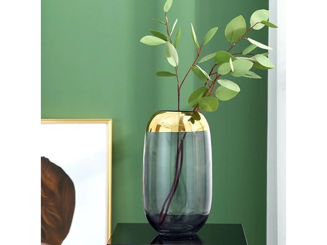 1Pc Elegant Round Green Vase with Gold Rim Decorative Home 1Pc Elegant Round Green Vase with Gold Rim Decorative Home