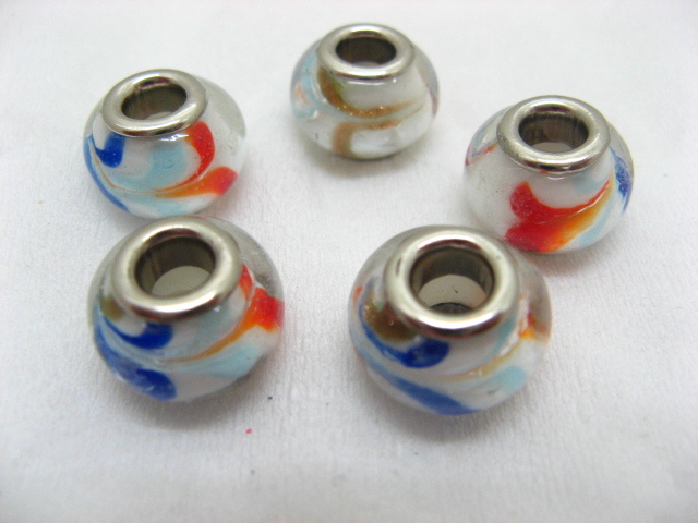 100 White Murano Colourful Stripe Glass European Beads - Click Image to Close