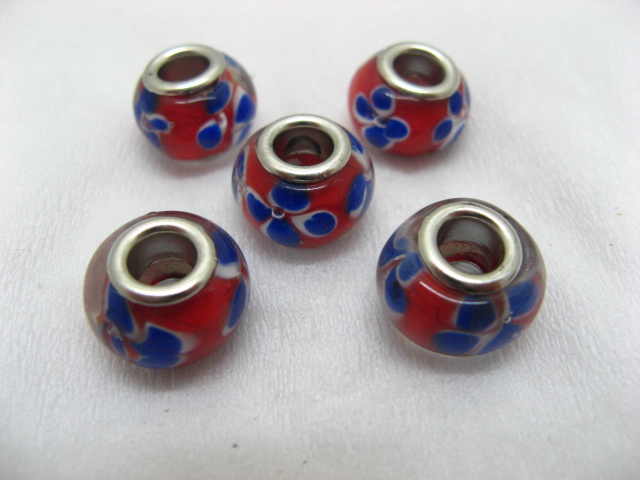 100 Red Murano Flower Round Glass European Beads - Click Image to Close