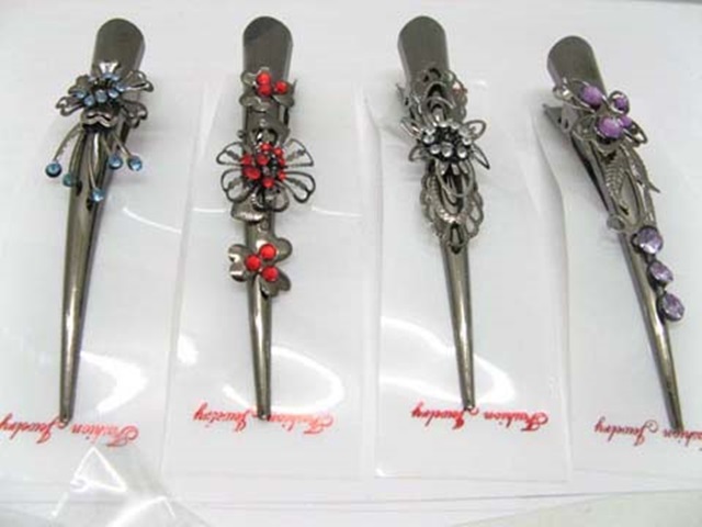 2x12 Chic Designer Flower Rhinestone Hair Clip - Click Image to Close