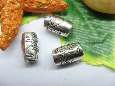 20pcs Tibetan Silver Barrel Beads with Flower Carved - Click Image to Close